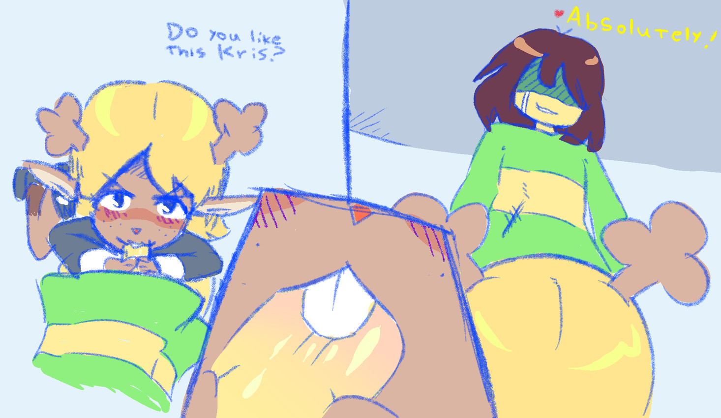 anthro anthro_penetrated antlers bangs bite biting_lip biting_own_lip black_clothing black_hooves black_sweater black_topwear blonde_hair blue_outline blush blush_lines bodily_fluids brown_body brown_fur brown_hair buckteeth clothing dialogue duo fellatio female female_penetrated freckled_face freckles fur genitals green_clothing green_shirt green_topwear hair hooves horn human_on_anthro human_penetrating human_penetrating_anthro interspecies kneeling_oral_position long_bangs long_hair long_sleeve_shirt looking_at_another looking_at_partner looking_down looking_down_at_partner looking_up_at_partner male male/female male_penetrating male_penetrating_female multicolored_clothing multicolored_shirt multicolored_topwear obscured_eyes oral oral_penetration outline pattern_clothing pattern_shirt pattern_topwear penetration penile penis penis_bite penis_grab penis_in_mouth red_nose self_bite sex shirt simple_background striped_clothing striped_shirt striped_topwear stripes sweater tears teeth text three_frame_image three_frame_sequence topwear white_clothing white_shirt white_topwear yellow_clothing yellow_shirt yellow_topwear darkstar_(reddit) deltarune undertale_(series) kris_dreemurr noelle_holiday deer human mammal new_world_deer reindeer english_text hi_res