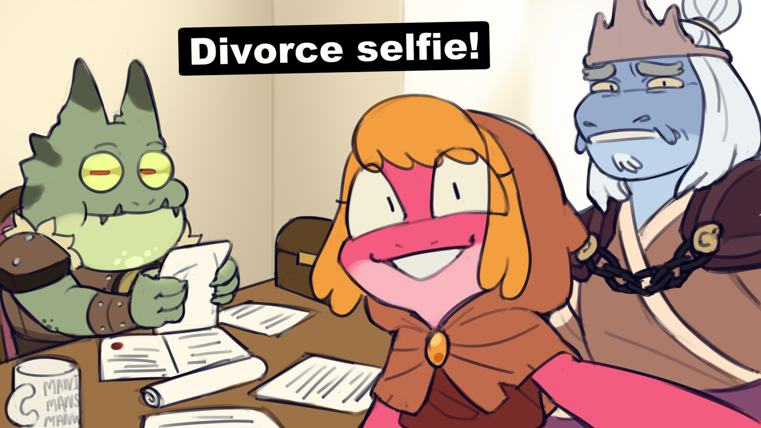 anthro armor blue_body blue_skin clothed clothing divorce female green_body green_skin group hair looking_at_viewer male pink_body pink_skin red_eyes royalty selfie text trio white_hair yellow_sclera dashintrash amphibia_(series) disney divorce_selfie barrel_the_brave king_andrias_leviathan leif_plantar amphibian frog giant_salamander salamander toad_(frog) 2022 hi_res meme