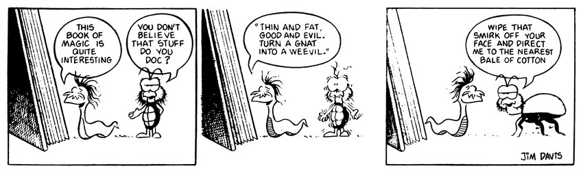 3_panel_comic 4_legs antennae_(anatomy) anthro book dialogue duo facial_hair feral hair humor magic magic_spell male mustache reading reading_aloud reading_book simple_background species_transformation standing transformation transformation_sequence jim_davis_(artist) gnorm_gnat_(series) jim_davis public_domain dr._rosenwurm gnorm_gnat_(character) arthropod beetle gnat insect weevil worm 1974 20th_century absurd_res ancient_art black_and_white hi_res monochrome