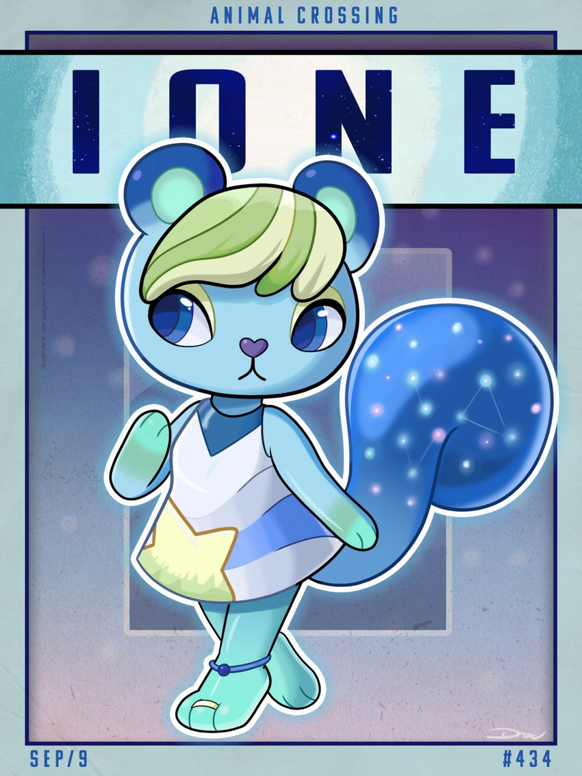 anthro blue_body blue_border blue_ears blue_eyes blue_tail border card_template clothing cosmic_tail digit_ring dress feet female green_eyelids green_hair hair jewelry purple_nose ring solo tail teal_inner_ear text toe_ring toes white_clothing white_dress toon_draw animal_crossing nintendo ione_(animal_crossing) mammal rodent sciurid tree_squirrel 2022 3:4 colored digital_media_(artwork) english_text hi_res shaded