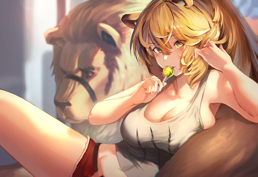 big_breasts blush bottomwear breasts brown_body brown_fur brown_hair candy cleavage clothed clothing dessert duo female food fur hair hotpants lollipop long_hair looking_at_viewer shorts simple_background yellow_eyes okoru_ringo arknights hypergryph studio_montagne siege_(arknights) animal_humanoid felid felid_humanoid humanoid lion lion_humanoid mammal mammal_humanoid pantherine pantherine_humanoid hi_res