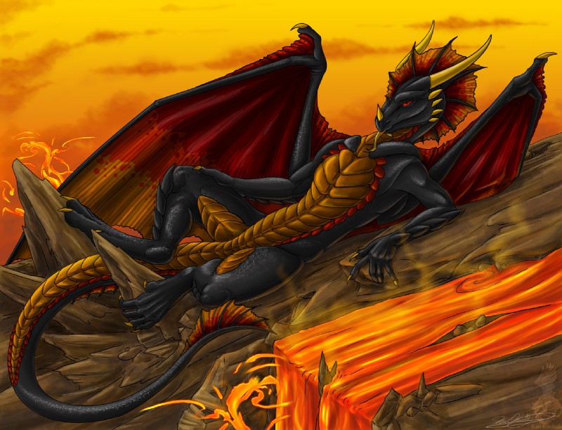 5_toes anthro feet forked_tongue lava male membrane_(anatomy) membranous_wings pose red_eyes scales solo tail toes tongue volcano waterfall wings yami_griffin european_mythology firondraak_(copyright) mythology darylith dragon mythological_creature mythological_scalie scalie western_dragon digital_media_(artwork) warm_colors