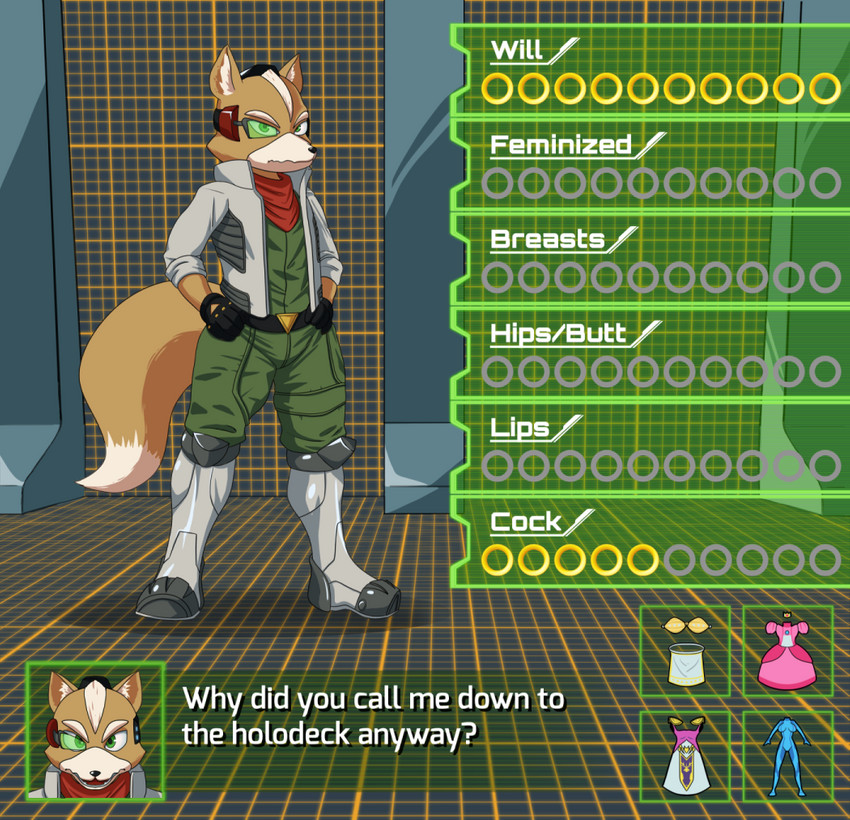 anthro clothed clothing dialogue_box feminization holodeck looking_at_viewer male solo glazed_(artist) nintendo star_fox fox_mccloud canid canine fox mammal