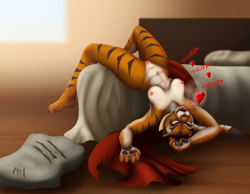 ahegao anthro bed breasts female fur furniture genitals heart_symbol looking_pleasured markings nipples nude orange_body orange_fur pussy ring_(marking) ringed_tail solo striped_markings striped_tail stripes tail tail_markings white_body white_fur astraldog dreamworks kung_fu_panda master_tigress felid mammal pantherine tiger hi_res