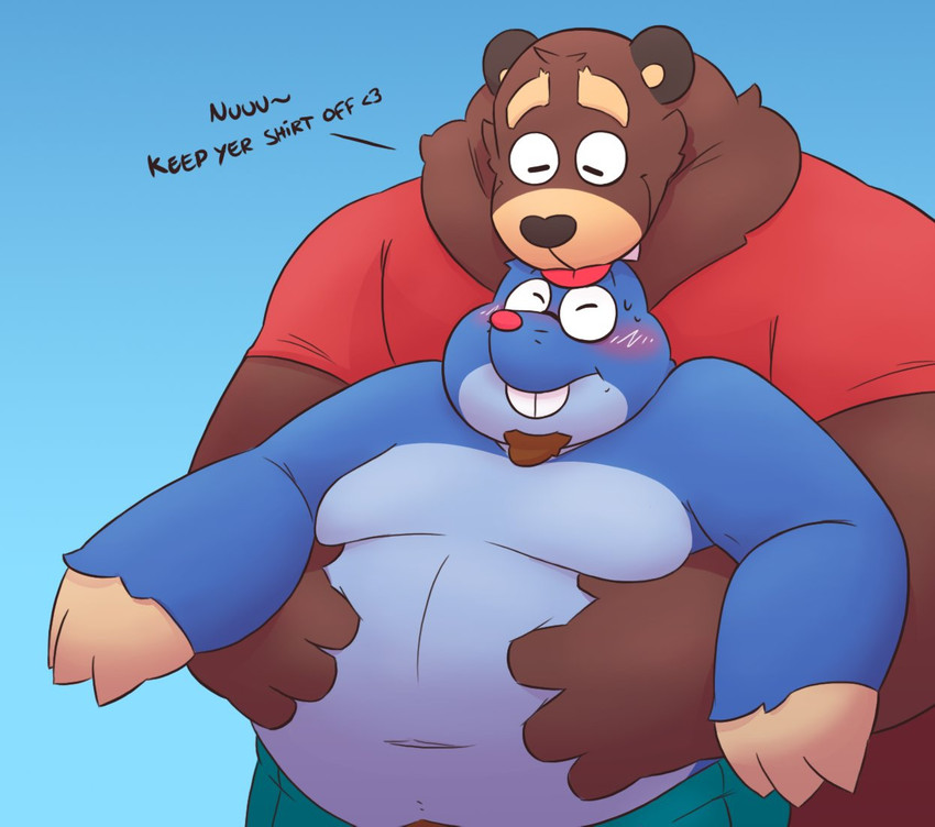 anthro belly belly_grab blush dialogue duo eyewear facial_hair glasses goatee male male/male navel obese overweight overweight_male shirtless text leothelionel the_human_heart_(game) cade_maplebottom dylan_ramos bear eulipotyphlan mammal mole_(animal) english_text