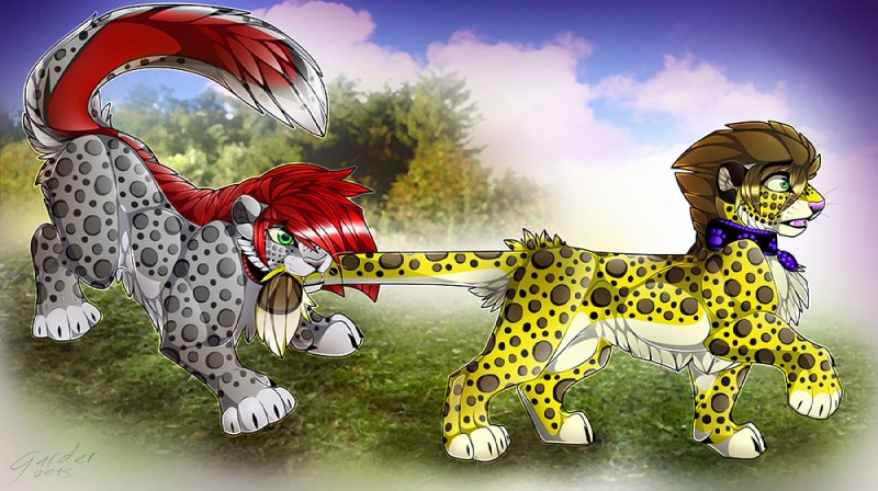 brown_hair collar duo fangs feral fur green_eyes hair leopard_spots male open_mouth outside red_hair spots standing teeth tongue gard3r kiro yellow_(character) felid leopard mammal pantherine