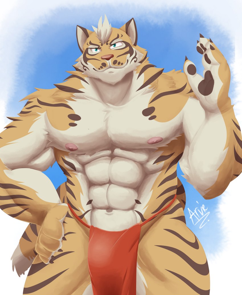 abs anthro biceps bottomwear clothing countershading fur gesture hand_on_hip loincloth looking_at_viewer male muscular muscular_anthro muscular_male nipples pecs simple_background solo stripes underwear waving arvie nekojishi studio_klondike lin_hu felid mammal pantherine tiger 2017 colored digital_media_(artwork)