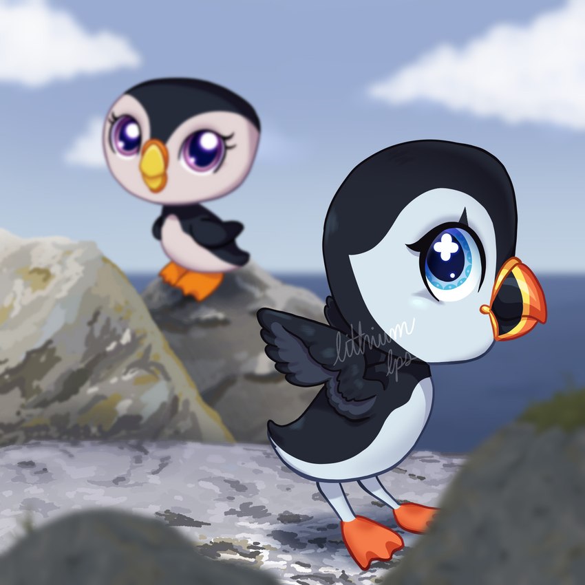 ambiguous_gender avian_feet beak big_head blurred_background chibi cloud detailed_background duo feathered_wings feathers feet feral membrane_(anatomy) on_model realistic_wings seaside toes toony webbed_feet wings lithiumlps hasbro littlest_pet_shop lps_1748 lps_654 alcid avian bird lari puffin 1:1 hi_res unavailable_at_source