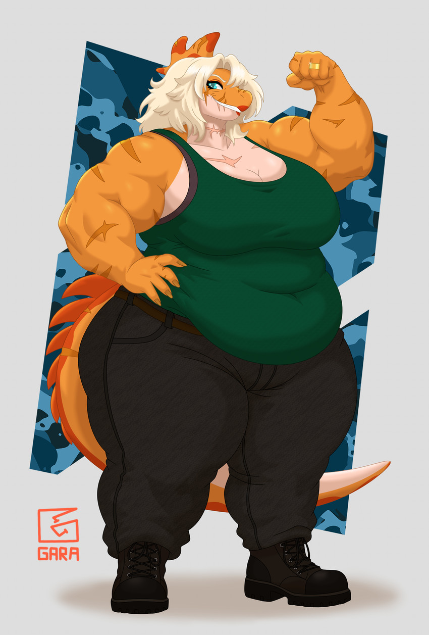 anthro belly belly_overhang big_belly big_breasts black_boots black_bottomwear black_clothing black_footwear black_pants blue_eyes boots bottomwear breasts clothing deep_navel digit_ring facial_scar female finger_ring footwear green_clothing green_shirt green_tank_top green_topwear hair huge_breasts jewelry muscular muscular_anthro muscular_female navel navel_outline non-mammal_breasts orange_body orange_tail overweight overweight_anthro overweight_female pants ring scar scars_all_over shirt shoes simple_background slightly_chubby slightly_chubby_anthro slightly_chubby_female solo spiked_tail spikes spikes_(anatomy) tail tank_top thick_thighs topwear white_hair wide_hips garavakarian dinosaur hadrosaurid olorotitan ornithischian ornithopod prehistoric_species reptile scalie absurd_res hi_res