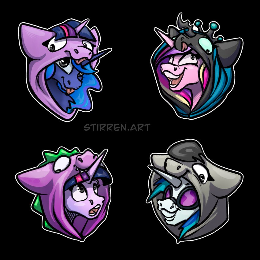 clothing female feral group hood hoodie male ponysuit topwear stirren friendship_is_magic hasbro my_little_pony octavia_(mlp) princess_cadance_(mlp) princess_luna_(mlp) queen_chrysalis_(mlp) spike_(mlp) twilight_sparkle_(mlp) vinyl_scratch_(mlp) 1:1 hi_res