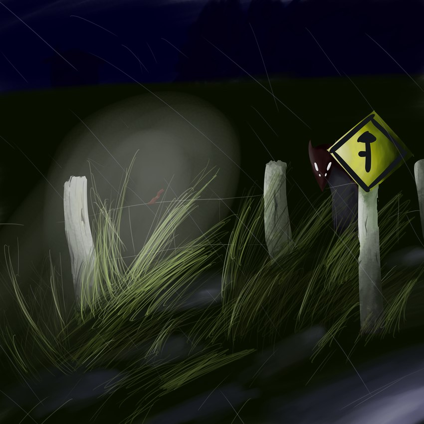 ambiguous_gender dark feral grass multi_eye plant raining road_sign solo wind tomskeleton mythology dragon mythological_creature mythological_scalie scalie 1:1 absurd_res hi_res