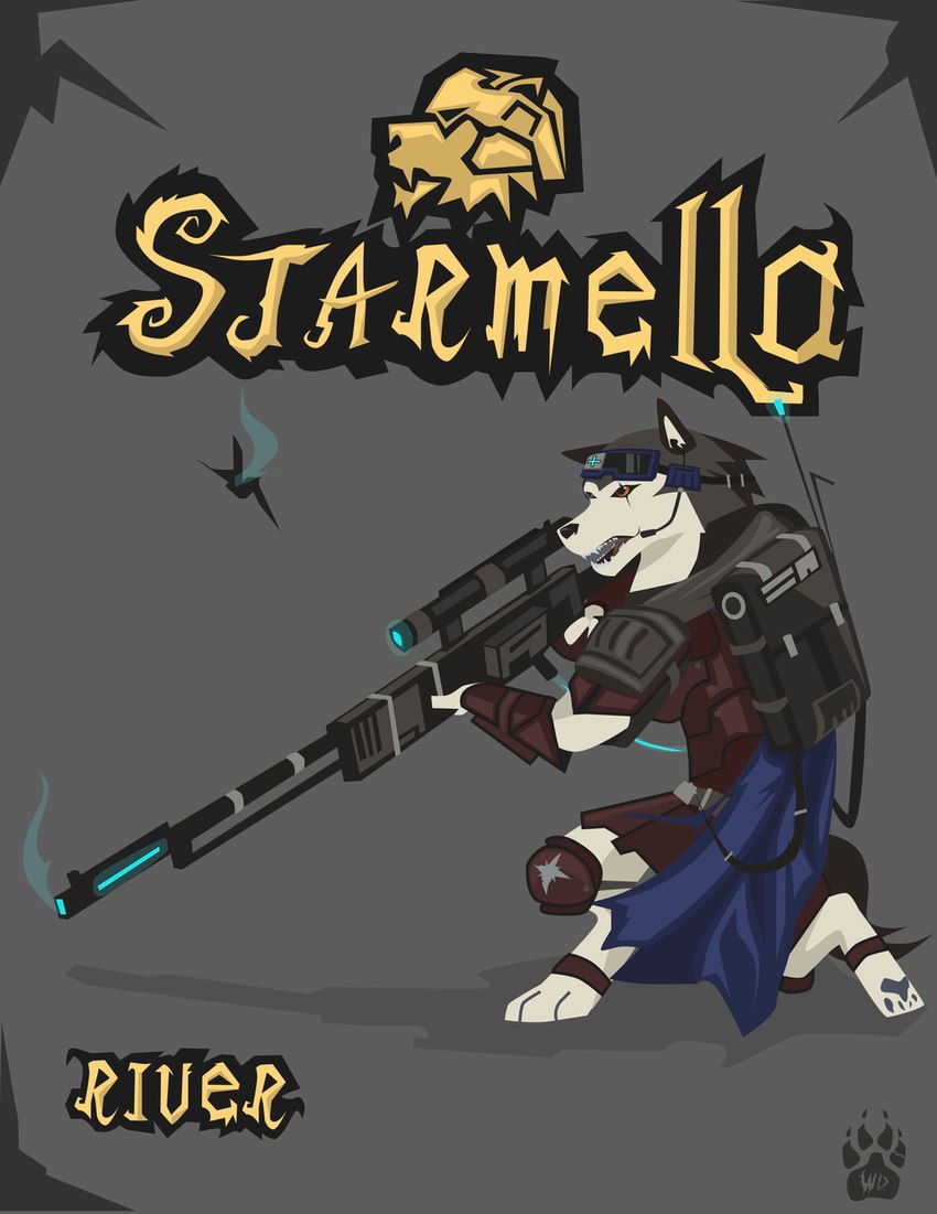 anthro armor biped cape clothed clothing female fully_clothed grey_background gun knee_pads kneeling ranged_weapon rifle scope simple_background sniper_rifle solo visor weapon wolfdawg armello league_of_geeks river_(armello) canid canine canis mammal wolf 2017 hi_res