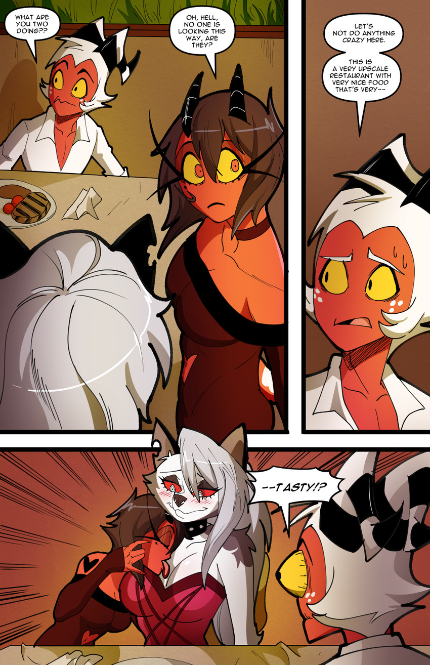anthro beef black_nose blush bodily_fluids breast_lick breast_play breasts claws clothed clothed_anthro clothed_female clothed_male clothing collar dialogue dress female female/female female_anthro food freckles fur grey_body grey_fur grey_hair group hair horn husband_and_wife licking long_comic long_hair male married_couple meat multicolored_body multicolored_fur red_body red_sclera red_skin restaurant shocked sitting smile spiked_collar spikes steak surprised sweat text tongue tongue_out trio two_tone_body two_tone_fur white_body white_eyes white_fur white_hair swain_(artist) hellaverse helluva_boss mythology loona_(helluva_boss) millie_(helluva_boss) moxxie_(helluva_boss) canid canid_demon canine demon hellhound humanoid imp mammal mythological_canine mythological_creature 2025 comic digital_media_(artwork) english_text hi_res url