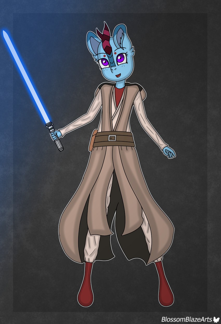 anthro blue_lightsaber boots clothing female footwear freckles hood horn jedi lightsaber looking_at_viewer melee_weapon scales shoes smile smiling_at_viewer solo spread_arms spread_legs spreading topwear vest weapon blossomblaze hasbro my_little_pony mythology star_wars fan_character dragon kirin mammal mythological_creature mythological_scalie scalie absurd_res hi_res