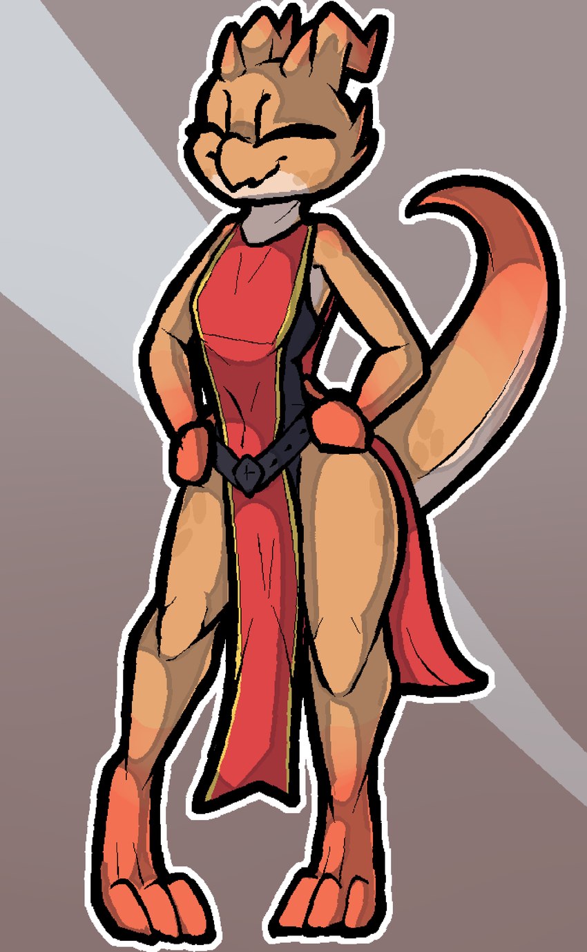 anthro belt biped bottomwear breasts brown_body clothed clothing countershading digitigrade eyes_closed female front_view hands_on_hips horn knock-kneed leotard loincloth outline pose raised_tail red_bottomwear red_clothing red_loincloth skimpy small_breasts smile solo standing tail thick_tail white_outline wide_hips trufzn kobold scalie 2020 absurd_res aliasing digital_media_(artwork) full-length_portrait hi_res portrait