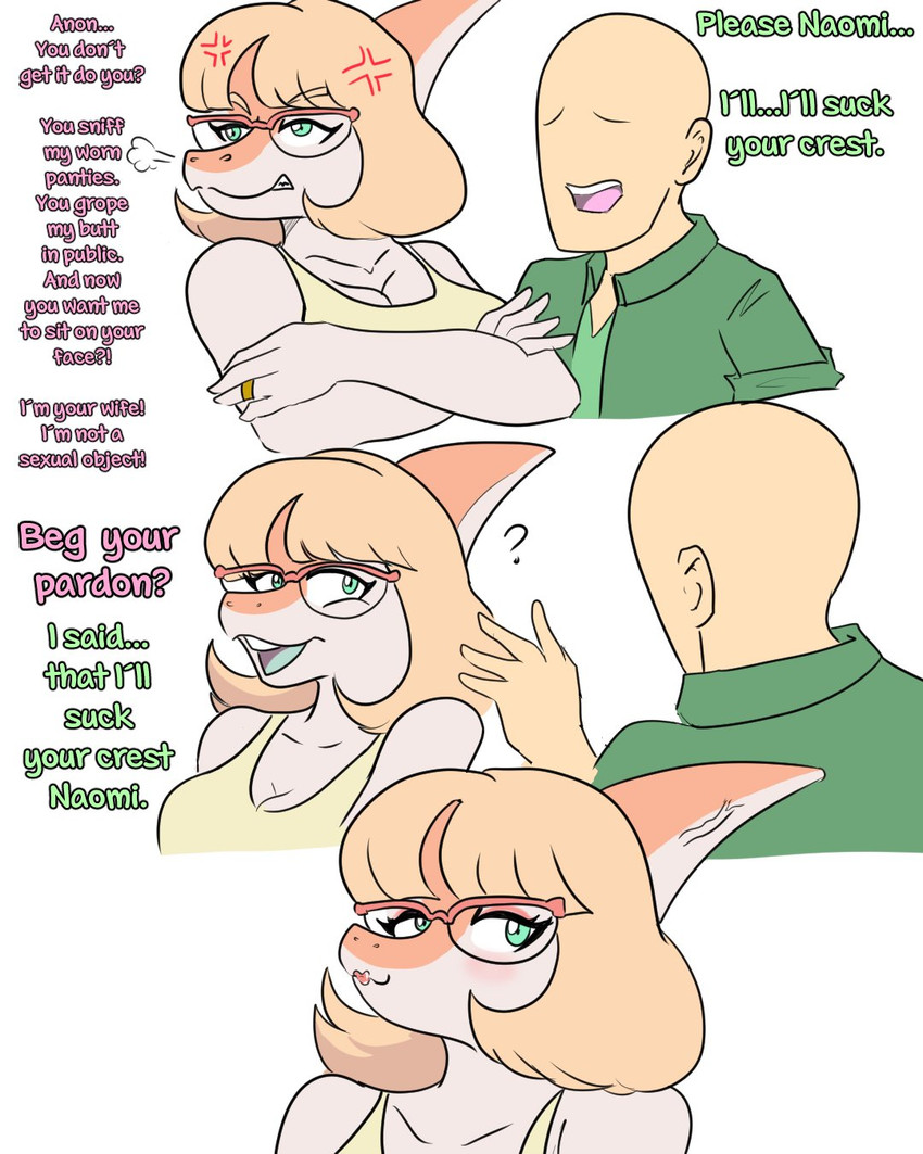 5_fingers anthro bald blonde_hair blush bone_frill breasts clothing cross-popping_vein crossed_arms dialogue digit_ring duo eyelashes eyewear female fingers frill_(anatomy) glasses green_clothing green_jacket green_topwear hair jacket jewelry light-skinned_male light_body light_skin male multicolored_body multicolored_scales orange_body orange_scales pink_body pink_scales ring scales shirt short_hair simple_background snout tank_top teal_eyes text topwear two_tone_body two_tone_scales wedding_ring white_background yellow_clothing yellow_shirt yellow_tank_top yellow_topwear arsenic_iii cavemanon_studios goodbye_volcano_high snoot_game anon_(snoot_game) naomi_(gvh) dinosaur hadrosaurid human mammal ornithischian ornithopod parasaurolophus prehistoric_species reptile scalie 2024 digital_drawing_(artwork) digital_media_(artwork) english_text hi_res