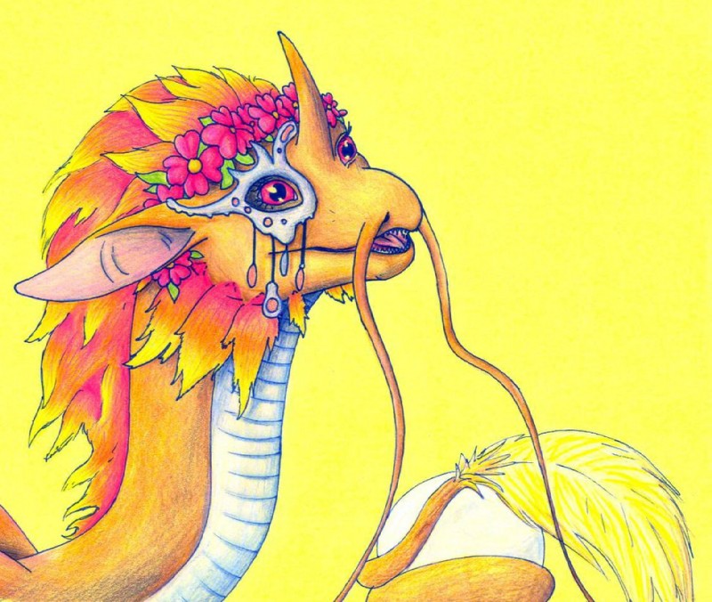 female floral flower flower_crown flower_garland fur garland gem head_wreath horn mask open_mouth pearl_(gem) pink_eyes plant simple_background solo teeth whiskers yellow_background srnecka flight_rising mythology dragon mythological_creature mythological_scalie pearlcatcher_dragon scalie portrait