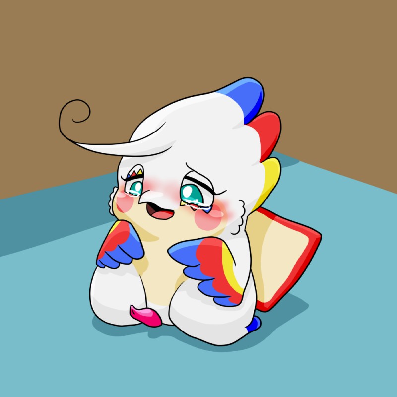 anthro blue_body blue_eyes blue_feathers blush bodily_fluids crying embarrassed feathers featureless_limbs genitals male multicolored_body multicolored_feathers penis red_body red_feathers solo tears white_body white_feathers yellow_body yellow_feathers kyuubi360 himitsu_no_cocotama mush_mukunnu cocotama mammal 1:1 archived_source