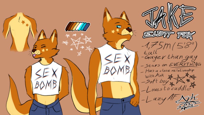 bottomwear clothed clothing crop_top denim denim_bottomwear denim_clothing denim_shorts eyes_closed femboy fox_ears fox_tail fully_clothed fur humanoid_hands male narrowed_eyes nude orange_body orange_fur shirt shorts solo star tan_body tan_fur text text_on_clothing text_on_shirt text_on_topwear tongue tongue_out topwear arkdoggo jake_(arkdoggo) canid canine fox mammal 16:9 2022 english_text hi_res model_sheet signature widescreen