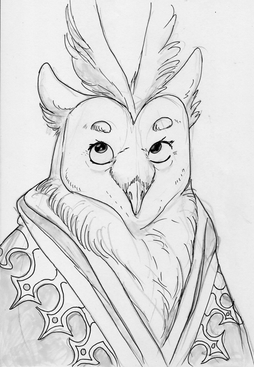 anthro beak bedding blanket chest_tuft clothing eyebrows female head_tuft looking_up small_eyebrows solo thick_eyebrows tuft marcie_montis unnamed_character avian bird owl absurd_res hi_res monochrome sketch traditional_media_(artwork)