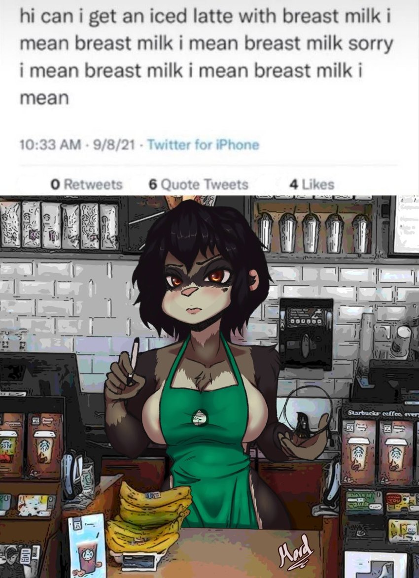 anthro apron apron_only barista breasts clothing female glare markings mole_(marking) side_boob solo text mordwyl i_mean_breast_milk starbucks tess_(mordwyl) domestic_ferret mammal mustelid musteline true_musteline weasel english_text hi_res meme