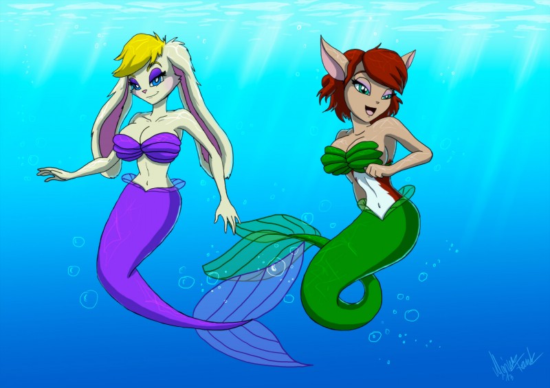 alternate_species anthro big_breasts blonde_hair breasts bubble cleavage clothed clothing desire duo eyeshadow female fish_tail hair half-closed_eyes makeup midriff narrowed_eyes navel open_mouth red_hair sea split_form swimming tongue underwater water fantasyisland yunaki activision spyro_the_dragon bianca_(spyro) elora faun_(spyro) lagomorph leporid mammal marine merfolk rabbit 2013 absurd_res full-length_portrait hi_res portrait signature