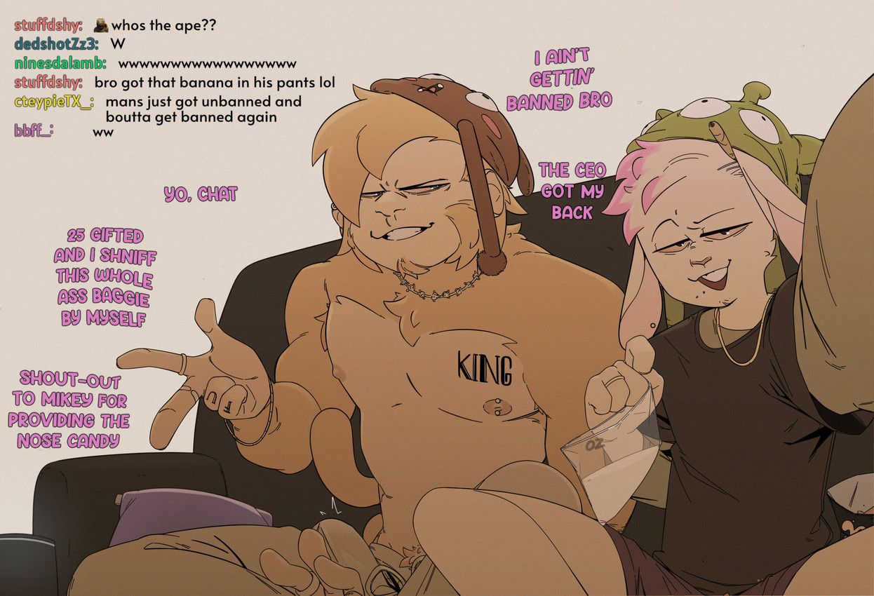 anthro bedroom_eyes body_tattoo bottomwear chain_necklace chat chips_(food) clothing cocaine crossed_legs dialogue drug_usage drugs duo emote erection erection_under_clothing finger_tattoo food fur furniture hat headgear headwear highlights_(coloring) imminent_drugging imminent_rape imminent_sex jewelry livestream male male/male marijuana narrowed_eyes necklace nipple_piercing nipples pants piercing red_sclera seductive sofa stream_chat substance_intoxication sweatpants text white_body white_fur yellow_body yellow_fur rottensilly ape haplorhine lagomorph leporid mammal primate rabbit english_text hi_res meme