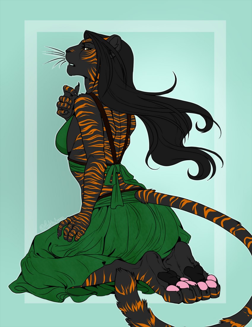 abstract_background amber_eyes anthro arrogant back_stripes black_body black_fur black_hair black_pawpads bow_ribbon claws clothed clothing confident disapproval dress fangs feet female finger_claws fur green_clothing green_dress hair hindpaw inner_ear_fluff kneeling kneeling_position long_hair looking_at_viewer looking_back looking_back_at_viewer markings melanistic orange_stripes pawpads paws pink_pawpads pose rear_view soles solo striped_body striped_fur striped_markings stripes tail_fluff teeth tuft whiskers arctikah_(artist) azebet_(vixym) felid mammal pantherine tiger hi_res pinup