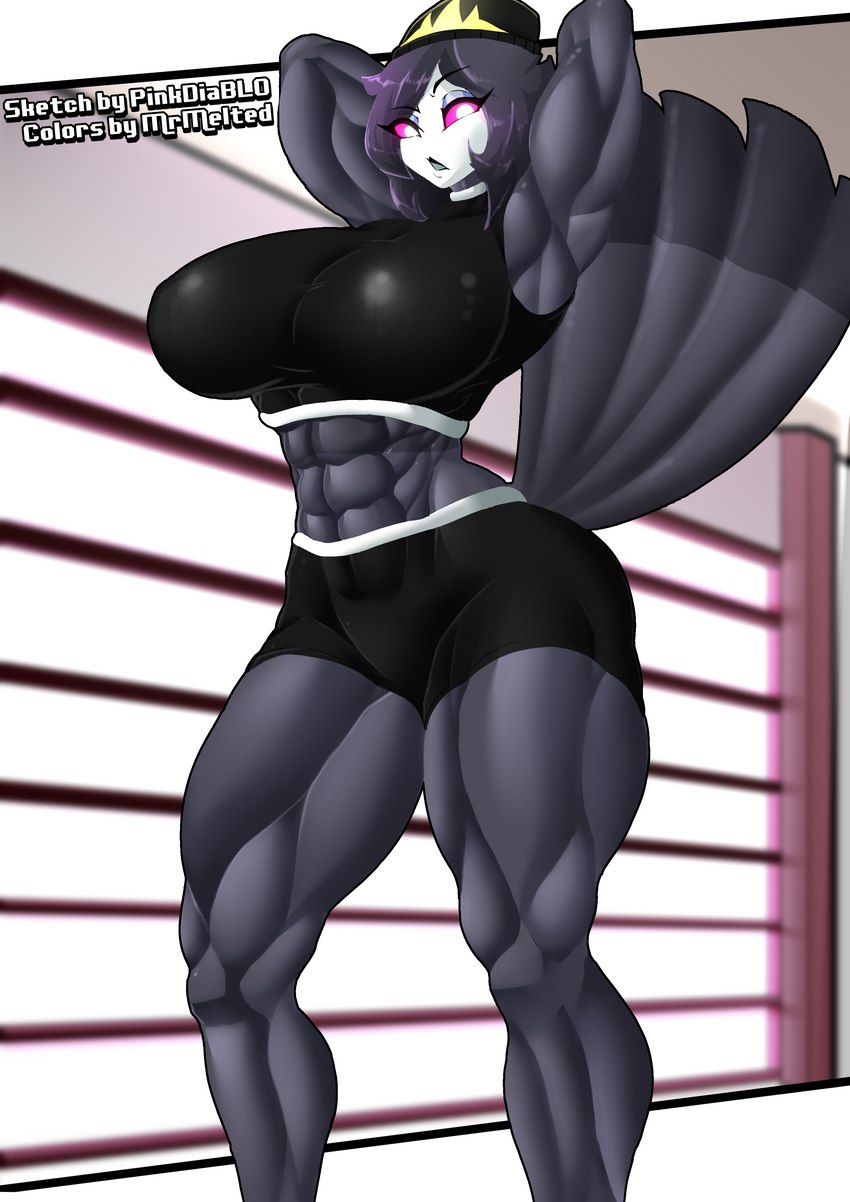 abs anthro beanie breasts clothing feathers female hair hat headgear headwear muscular muscular_female pink_sclera solo tail tail_feathers white_eyes mrmelted pinkdiablo helluva_boss octavia_(helluva_boss) avian avian_demon bird owl owl_demon 2023 absurd_res hi_res