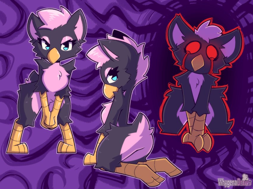 anthro beak black_body black_feathers blue_eyes feathers female hair looking_at_viewer multiple_poses pink_hair pose solo yellow_beak whygena furby furby_(species) 2024 4:3 digital_media_(artwork)