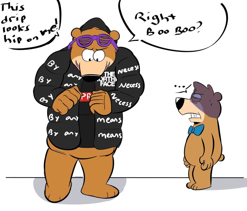 anthro black_nose bow_tie brown_body clothed clothing duo eyewear glasses hoodie humanoid_hands slightly_chubby text topwear beargarbage drip_(meme) goku_drip hanna-barbera jellystone_(hbo_max) meme_clothing yogi_bear boo-boo_bear yogi_bear_(character) bear mammal 2021 english_text hi_res meme