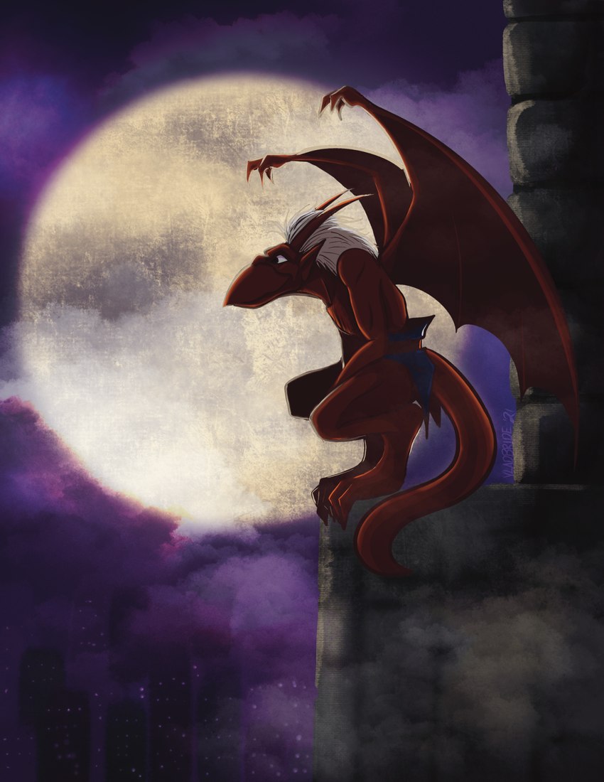 anthro bottomwear city city_background clothed clothing cloud crouching full_moon hair horn humanoid_pointy_ears loincloth loincloth_only male membrane_(anatomy) membranous_wings moon night pointy_ears red_body smile solo tail topless white_hair wings vladbride disney gargoyles brooklyn_(gargoyles) gargoyle scalie digital_media_(artwork) hi_res