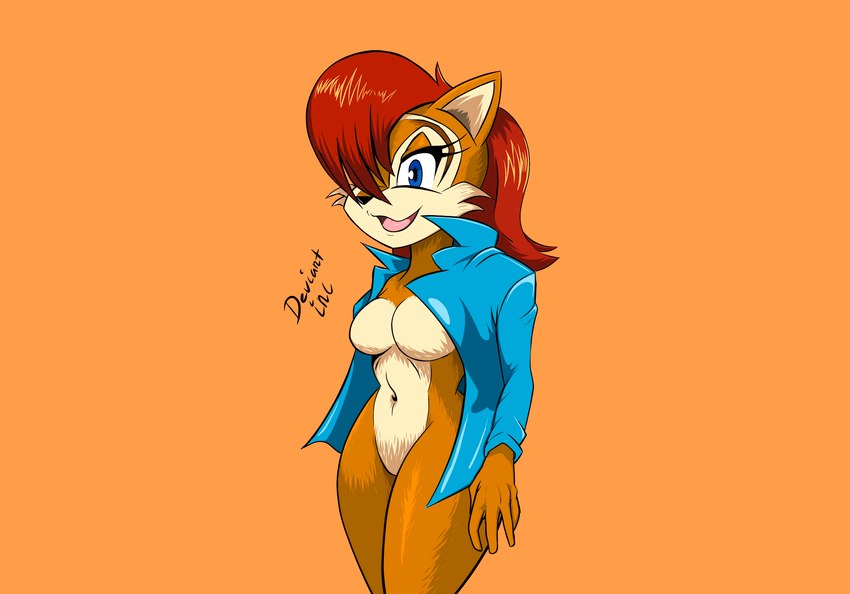 anthro blue_eyes bottomless breasts brown_body brown_fur cheek_tuft clothed clothing countershading facial_tuft featureless_breasts featureless_crotch female fur hair hair_over_eye jacket jacket_only no_underwear one_eye_obstructed open_clothing open_jacket open_mouth open_smile open_topwear orange_background red_hair simple_background smile topwear topwear_only tuft white_body white_countershading white_fur wide_hips deviantinc archie_comics sega sonic_the_hedgehog_(archie) sonic_the_hedgehog_(comics) sonic_the_hedgehog_(series) sally_acorn mammal rodent sciurid tree_squirrel absurd_res hi_res