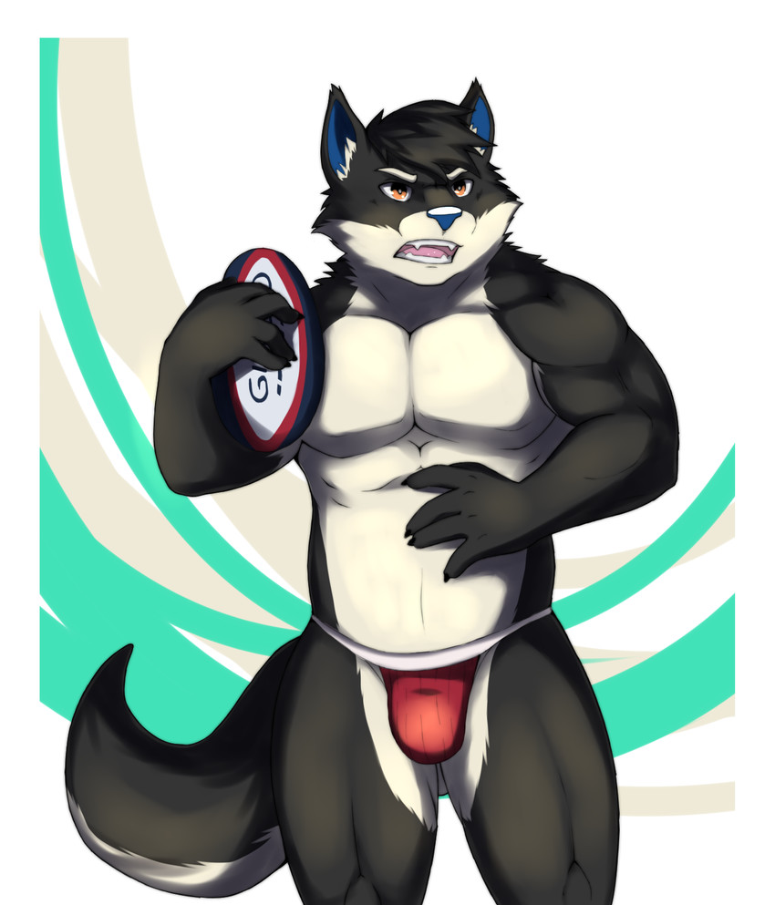 anthro barazoku bulge clothing jockstrap kemono male muscular muscular_anthro muscular_male rugby solo underwear vitaly4321 canid canine canis mammal wolf hi_res