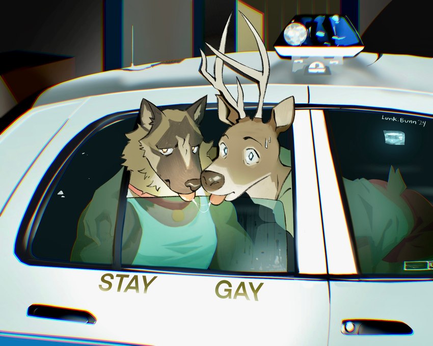 anthro antlers arm_around_another arm_around_shoulders bodily_fluids car clothed clothing collar duo horn inside_car inside_vehicle kissing lightbar male male/male muscular muscular_anthro muscular_male narrowed_eyes neck_tuft nose_to_nose police police_car police_vehicle saliva saliva_on_tongue saliva_string shirt sitting surprised_expression tail tank_top topwear tuft vehicle window lunkbunn ford ford_crown_victoria canid canine canis deer domestic_dog mammal hi_res