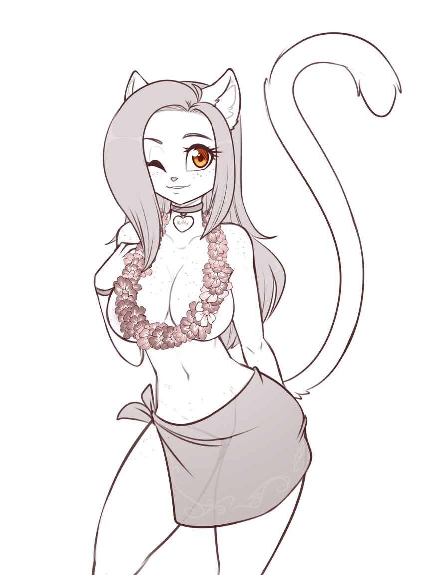 anthro breasts collar_tag eyebrows eyelashes female flower_necklace freckles hair heart_collar_tag inner_ear_fluff lei looking_at_viewer navel one_eye_closed orange_eyes sarong solo tuft wink scorpdk domestic_cat felid feline felis mammal 2024 absurd_res hi_res