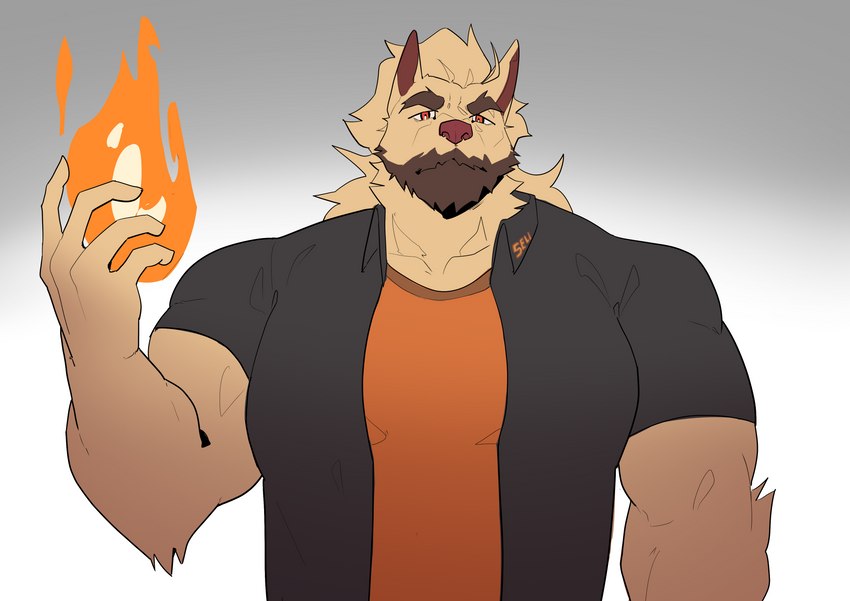 5_fingers anthro beard big_muscles black_clothing black_shirt black_topwear brown_beard brown_facial_hair clothing eyebrows facial_hair fingers fire fur gradient_background hair holding_fireball long_hair looking_at_viewer male muscular muscular_anthro muscular_male orange_clothing orange_shirt orange_t-shirt orange_topwear pecs red_eyes red_nose shirt simple_background solo t-shirt tan_body tan_fur topwear raichi47 utau hikuine_kiiro canid canine canis domestic_dog mammal absurd_res hi_res