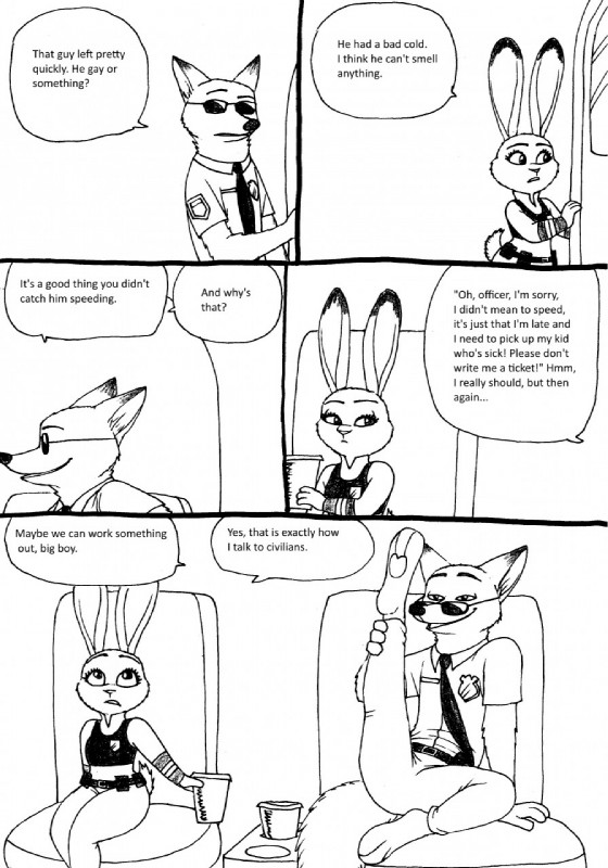 anthro car car_seat clothed clothing container cup cup_holder dialogue duo eyewear female flexible frown humor inside_car inside_vehicle male necktie outside police police_officer pose raised_leg simple_background sitting smile standing sunglasses text vehicle white_background bernielover disney zootopia judy_hopps nick_wilde canid canine fox lagomorph leporid mammal rabbit red_fox true_fox 2016 black_and_white comic english_text hi_res monochrome