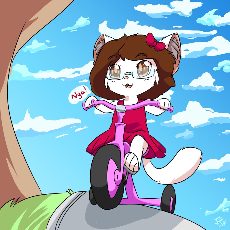 anthro brown_eyes brown_hair clothed clothing eyewear female fur glasses hair open_mouth outside smile solo tricycle vehicle white_body white_fur young young_anthro fejess96 jessica_(fejess96) domestic_cat felid feline felis mammal 1:1 2017 absurd_res digital_media_(artwork) hi_res