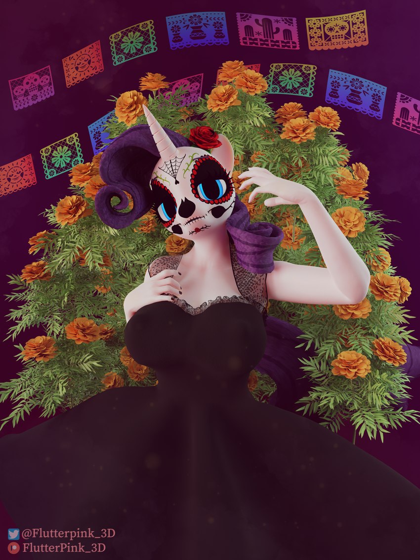 accessory anthro big_breasts black_clothing black_dress blue_eyes bodypaint breasts calavera_face_paint cempasuchil_(flower) clothed clothing dress face_paint female flower flower_in_hair hair hair_accessory holidays horn makeup marigold_(flower) plant purple_hair skull_face_paint solo white_body flutterpink_3d calavera day_of_the_dead friendship_is_magic hasbro my_little_pony mythology rarity_(mlp) equid equine mammal mythological_creature mythological_equine unicorn 3:4 3d_(artwork) absurd_res digital_media_(artwork) hi_res