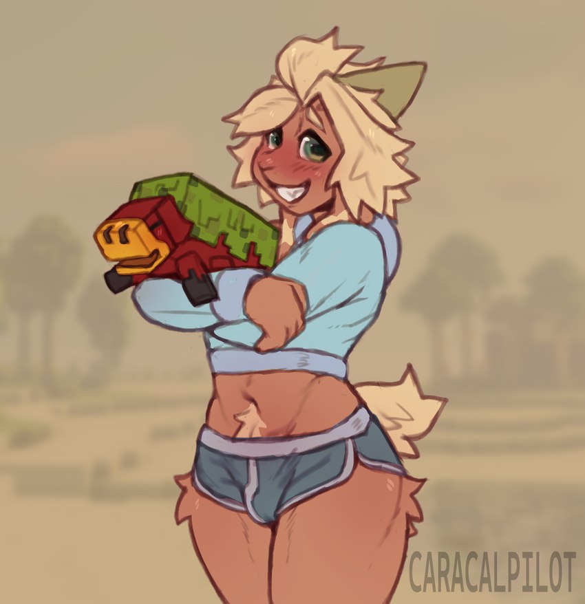 anthro athletic_wear blonde_hair blush blush_lines bottomwear brown_body brown_fur clothing crop_top cropped_hoodie cropped_topwear curved_horn duo femboy feral floppy_ears fur grey_background grin gym_bottomwear gym_shorts hair hoodie horn red_body red_scales scales shell shirt shorts simple_background smile square_(anatomy) topwear wide_eyed caracalpilot microsoft minecraft mojang xbox_game_studios novan_(character) bovid caprine goat mammal sniffer absurd_res hi_res