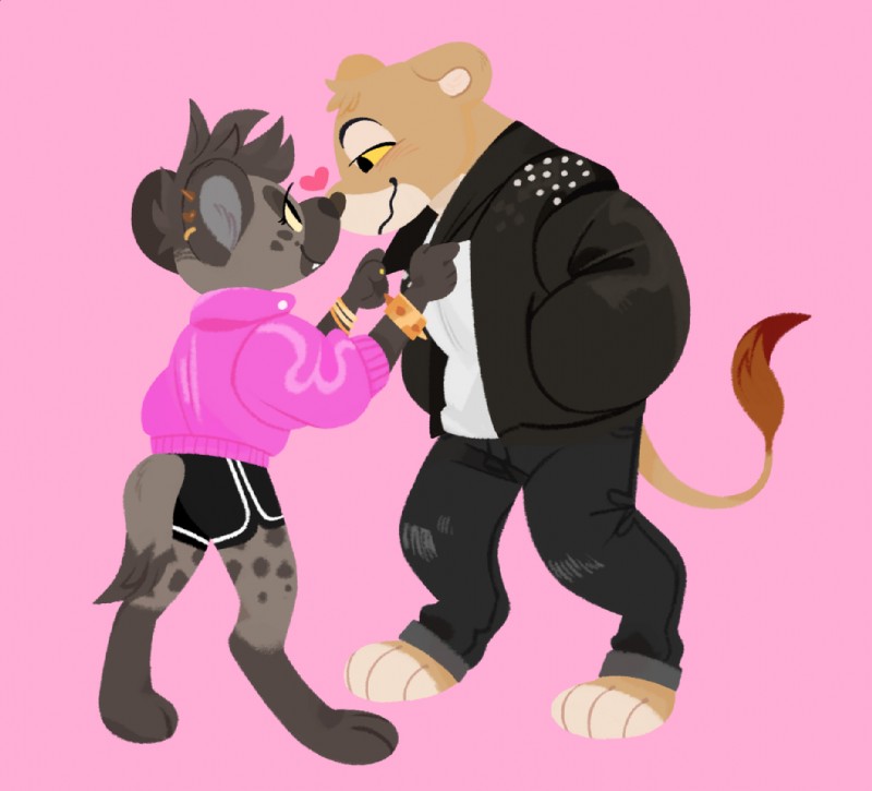 anthro anthro_on_anthro black_hair bottomwear breasts claws clothed clothing duo female female/female fur hair heart_symbol kissing markings muscular muscular_female pants slightly_chubby smile spots spotted_body spotted_fur yellow_eyes yellow_sclera beaglescouts felid hyena lion mammal pantherine spotted_hyena 2018