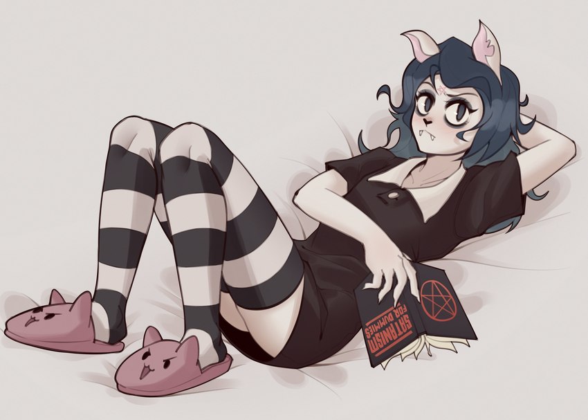 anthro blue_hair book clothing female footwear hair legwear lying on_back pattern_clothing pattern_legwear pattern_stockings shoes slippers solo stockings striped_clothing striped_legwear striped_stockings stripes thigh_highs slavyan cartoon_hangover the_summoning claire_(the_summoning) felid feline mammal 2020 hi_res