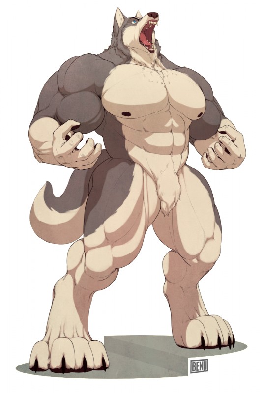 abs angry anthro biceps big_muscles biped black_nipples black_nose blue_eyes brown_body brown_fur chest_tuft claws crotch_tuft fangs flexing fur grey_body grey_fur huge_muscles male muscular muscular_anthro muscular_male nipples nude open_mouth pawpads paws pecs pose pubes simple_background solo standing tan_body tan_fur teeth toe_claws tongue tuft white_background bng kobrin canid canine canis mammal wolf 2013 hi_res