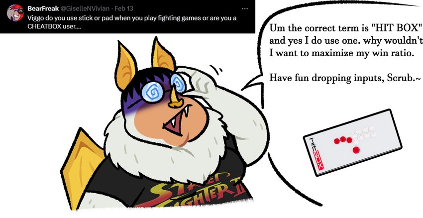 anthro controller dialogue eyewear fans fur game_controller glasses hitbox_controller male overweight overweight_anthro overweight_male q&a smug solo spiral_glasses text white_body white_fur wings yellow_wings blarf022 viggo_von_bat_(blarf022) bat honduran_white_bat leaf-nosed_bat mammal microbat yangochiropteran 2024 absurd_res english_text hi_res