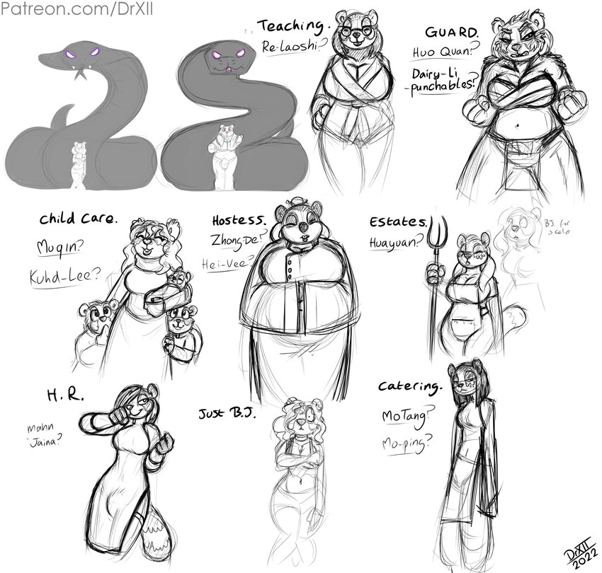 anthro breasts cleavage clothed clothing female fur hair looking_at_viewer open_mouth simple_background smile drxii beejay_bearkowitz kud-li_(drxii) shi-niss ailurid bear giant_panda mammal red_panda reptile scalie snake digital_media_(artwork) hi_res