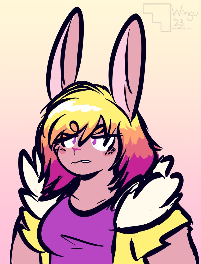 angry clothing female gradient_background hair hair_down jacket multicolored_hair simple_background solo topwear winguthings super_lesbian_animal_rpg allison_goleta lagomorph leporid mammal rabbit 2023 hi_res watermark