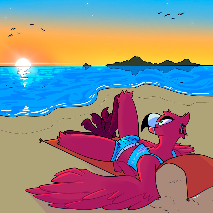 anthro brown_body brown_skin clothing crop_top femboy half-closed_eyes lying lying_on_ground male narrowed_eyes on_back on_beach on_ground pink_flamingo shirt smile solo swimming_trunks swimwear topwear xing1 avian bird flamingo 1:1 absurd_res hi_res