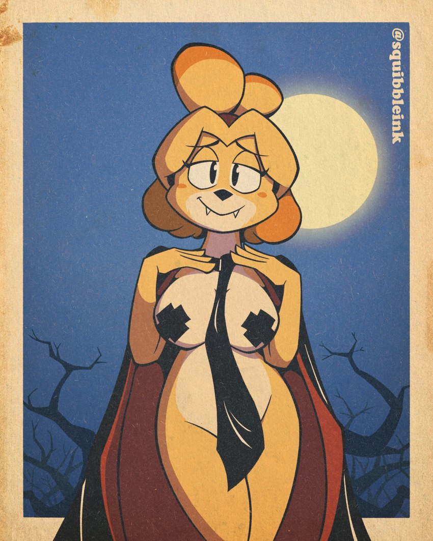 anthro bedroom_eyes big_breasts black_cape black_clothing black_necktie black_pasties blonde_hair blush blush_stickers breasts cape clothing convenient_censorship costume curvy_figure dead_tree detailed_background eyebrow_through_hair eyebrows fangs female full_moon fur hair halloween_costume holidays moon mostly_nude mostly_nude_anthro mostly_nude_female multicolored_body multicolored_cape multicolored_clothing multicolored_fur multicolored_hair narrowed_eyes necktie night nipple_tape orange_hair outside pasties plant red_cape red_clothing seductive smile solo tan_body tan_fur tape teeth top_knot translucent translucent_hair tree two_tone_body two_tone_cape two_tone_clothing two_tone_fur two_tone_hair vampire_costume yellow_body yellow_fur squibbleink animal_crossing halloween nintendo isabelle_(animal_crossing) canid canine canis domestic_dog mammal shih_tzu toy_dog absurd_res artist_name digital_drawing_(artwork) digital_media_(artwork) hi_res