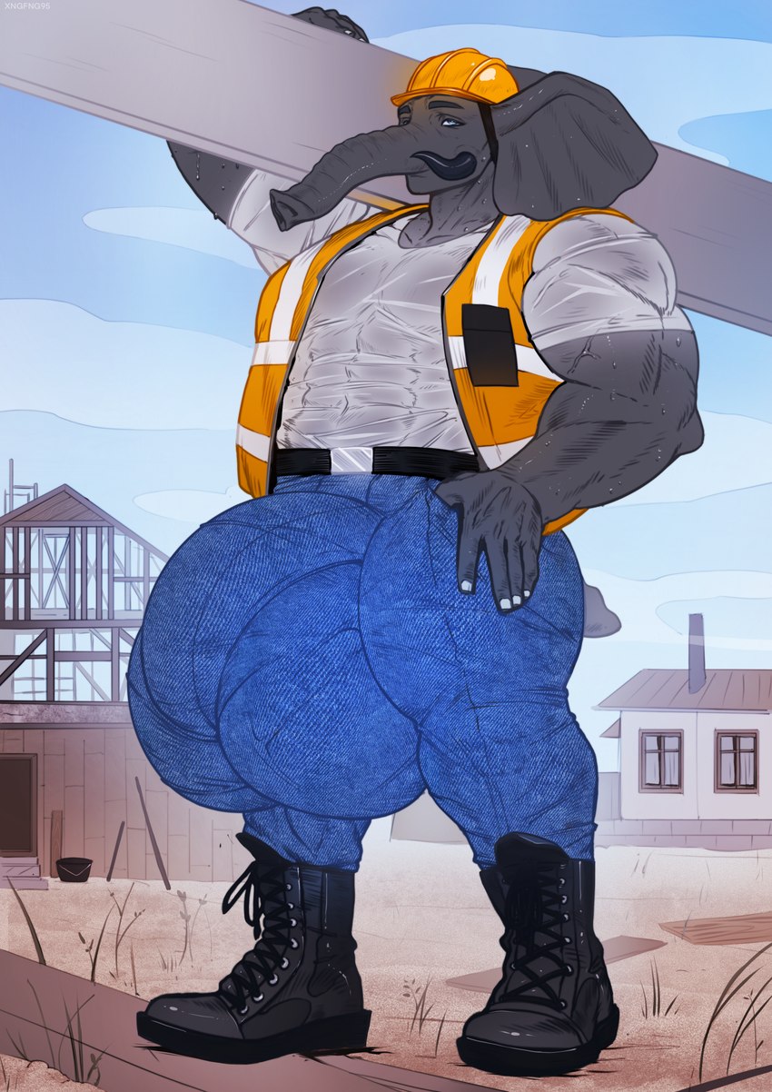 anthro balls_outline big_muscles bulge detailed_bulge genital_outline huge_muscles hyper male muscular penis_outline solo xngfng95 jakiel_blacktusk elephant elephantid mammal proboscidean absurd_res hi_res